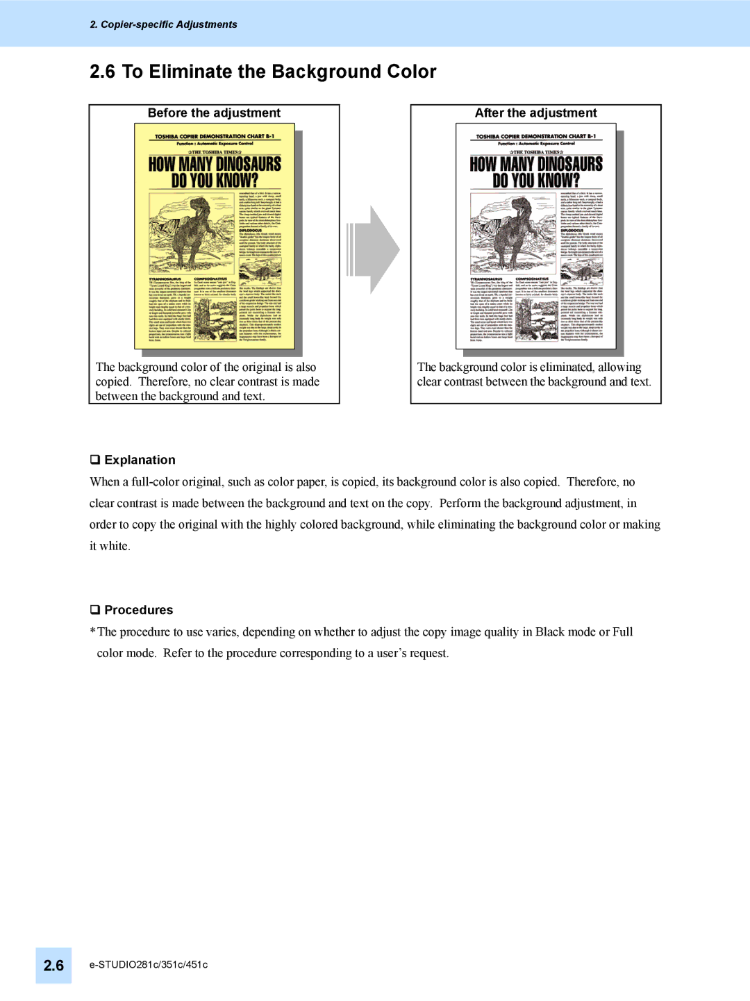 Toshiba 451C, 351C, e-STUDIO281c manual To Eliminate the Background Color, Before the adjustment After the adjustment 
