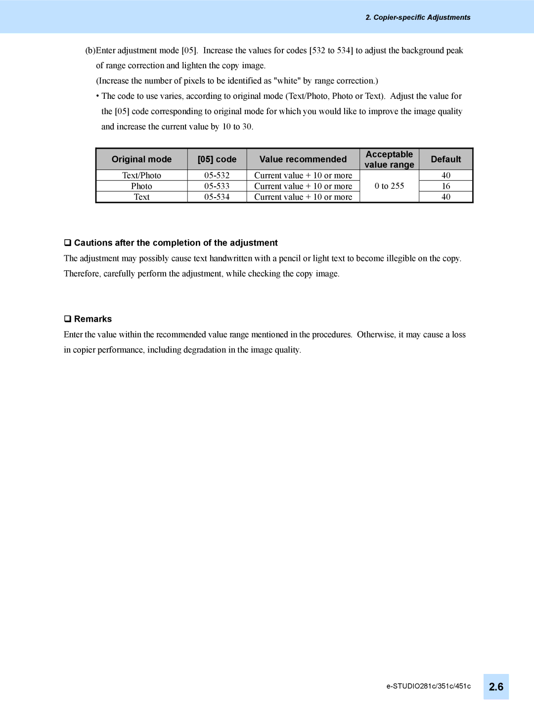 Toshiba 451C Original mode Code Value recommended Acceptable Default, ‰ Cautions after the completion of the adjustment 