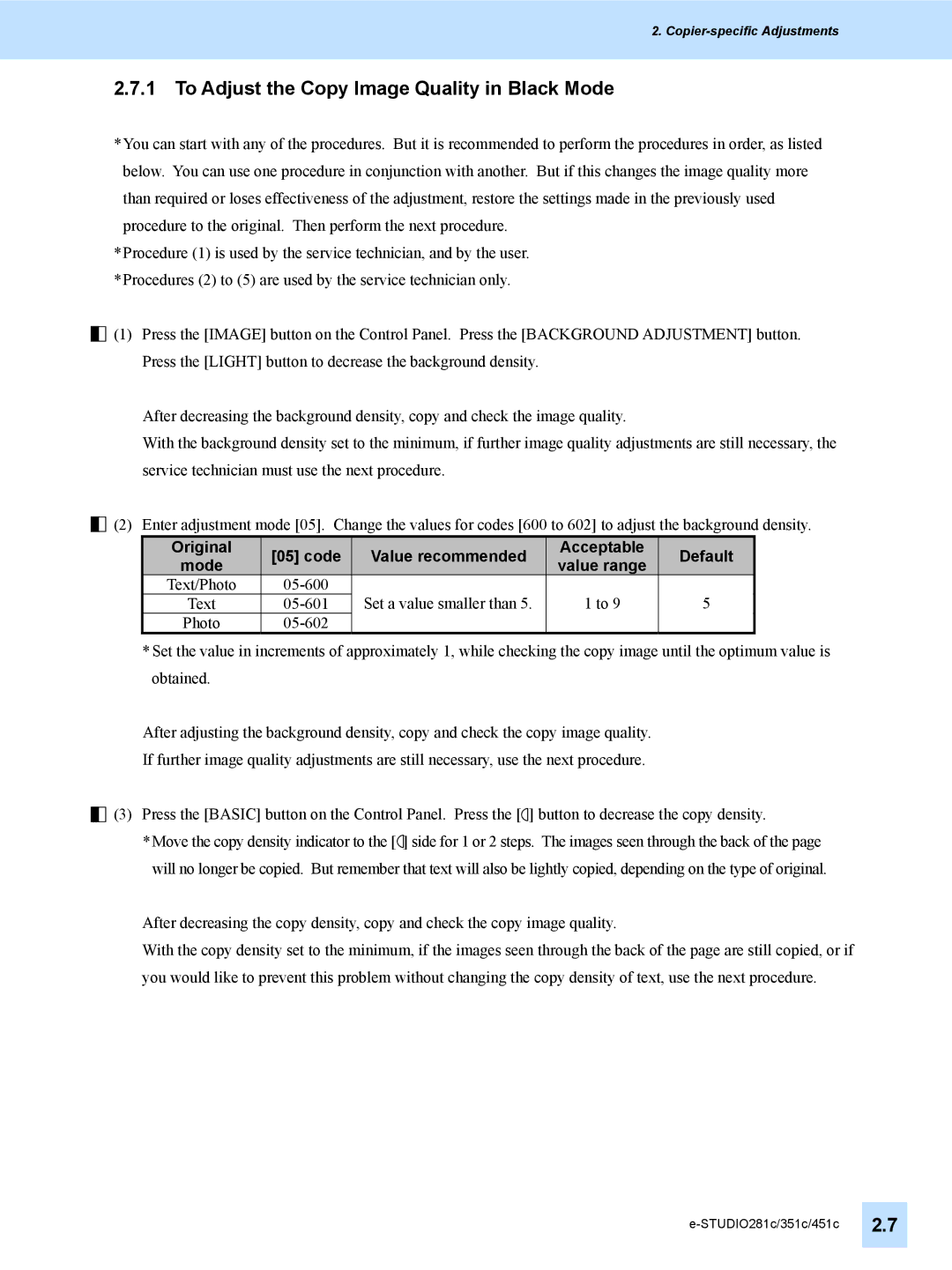 Toshiba 351C, 451C, e-STUDIO281c manual To Adjust the Copy Image Quality in Black Mode 