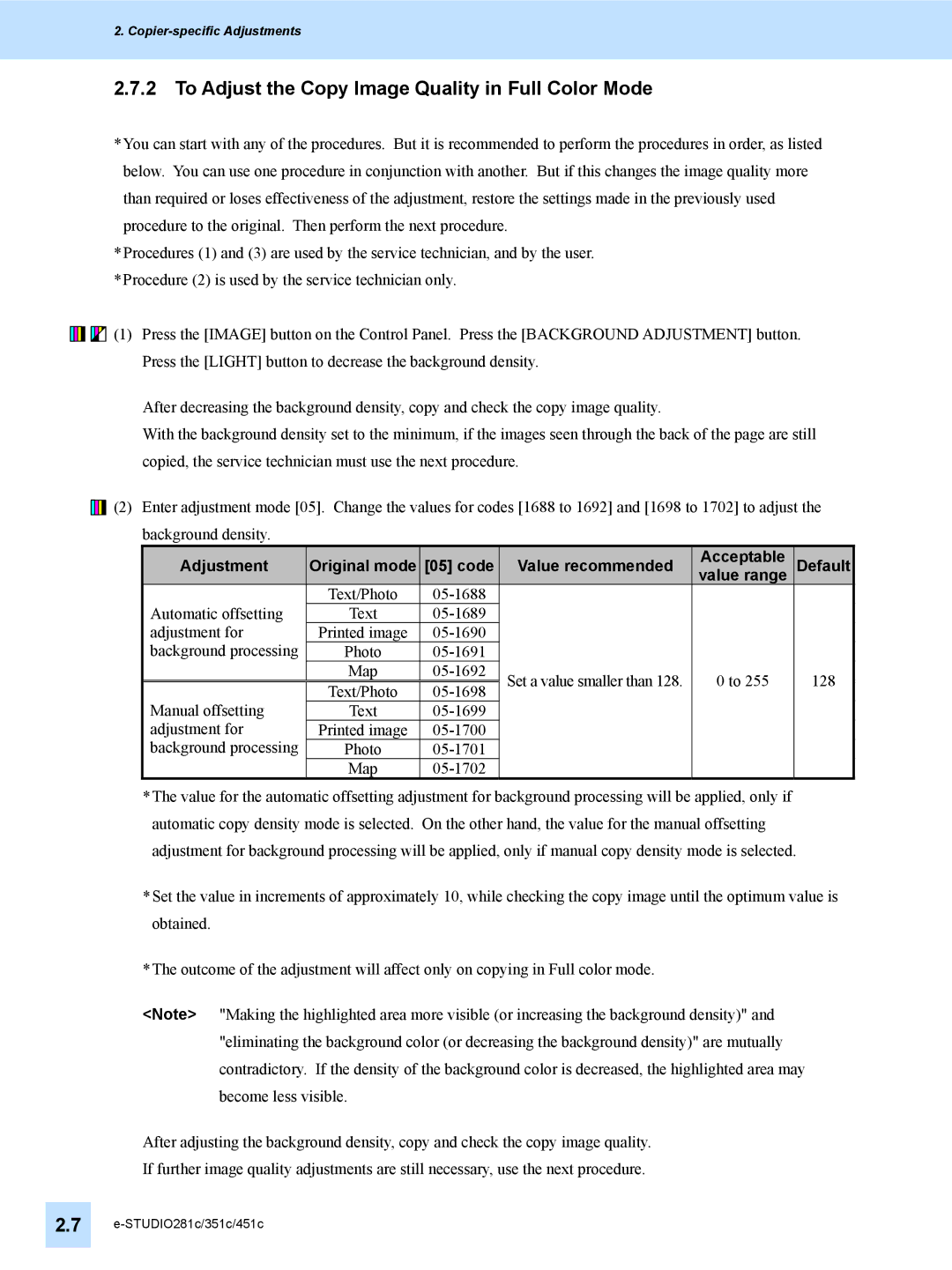 Toshiba 351C, 451C, e-STUDIO281c manual To Adjust the Copy Image Quality in Full Color Mode 