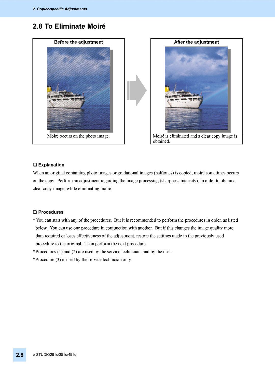 Toshiba 451C, 351C, e-STUDIO281c manual To Eliminate Moiré, Before the adjustment 