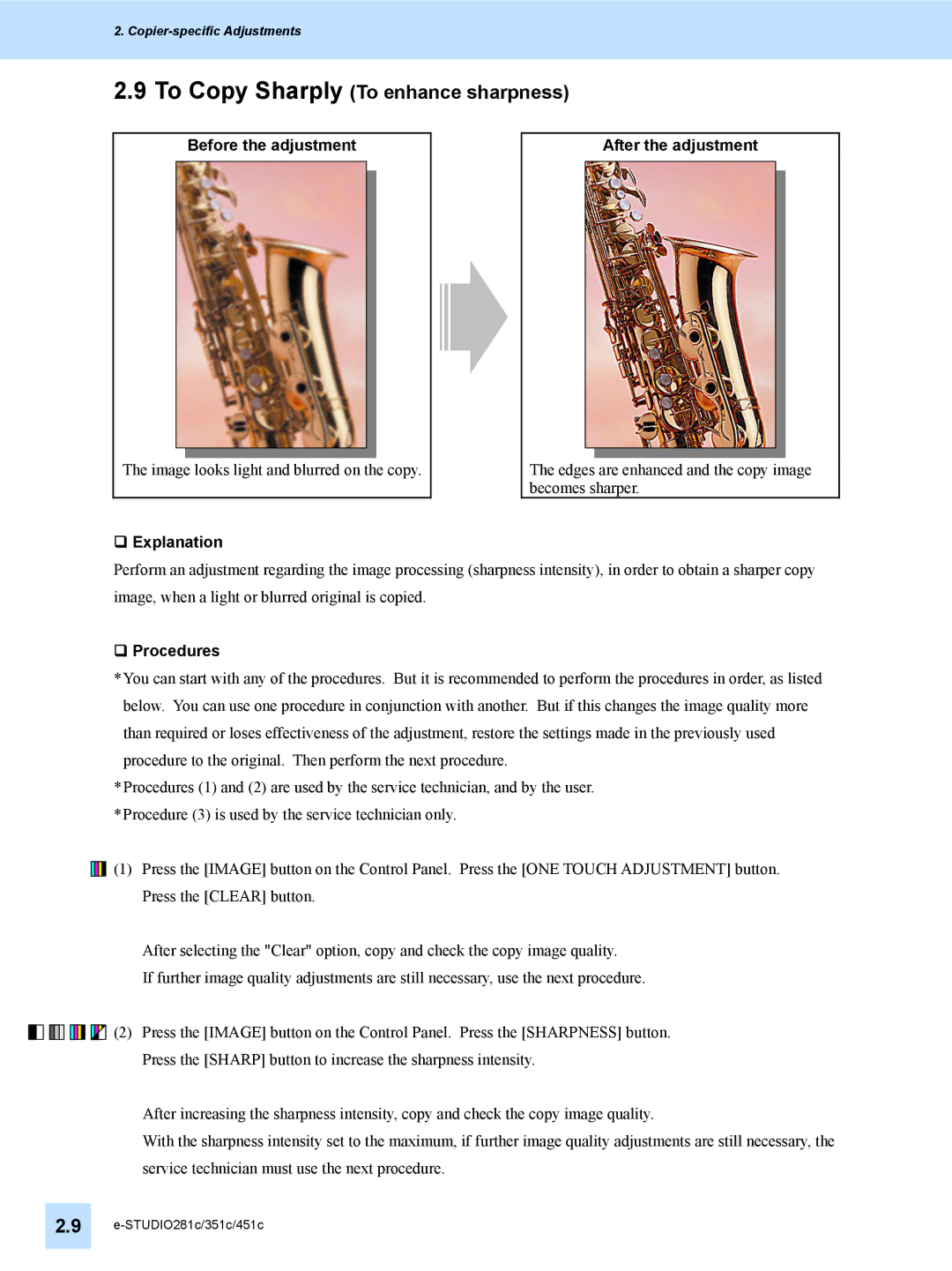Toshiba 351C, 451C, e-STUDIO281c manual To Copy Sharply To enhance sharpness, Before the adjustment After the adjustment 