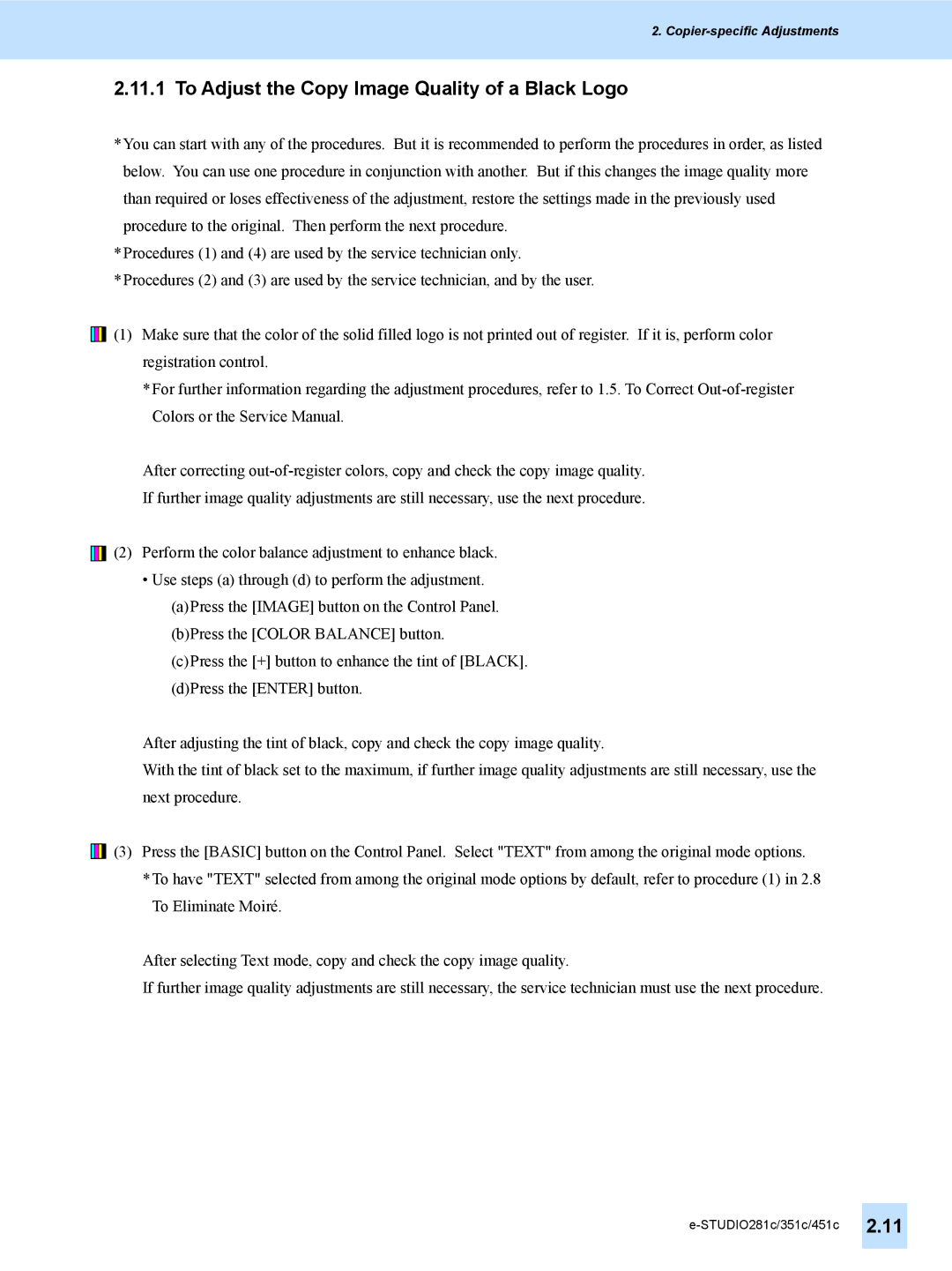 Toshiba e-STUDIO281c, 451C, 351C manual To Adjust the Copy Image Quality of a Black Logo 
