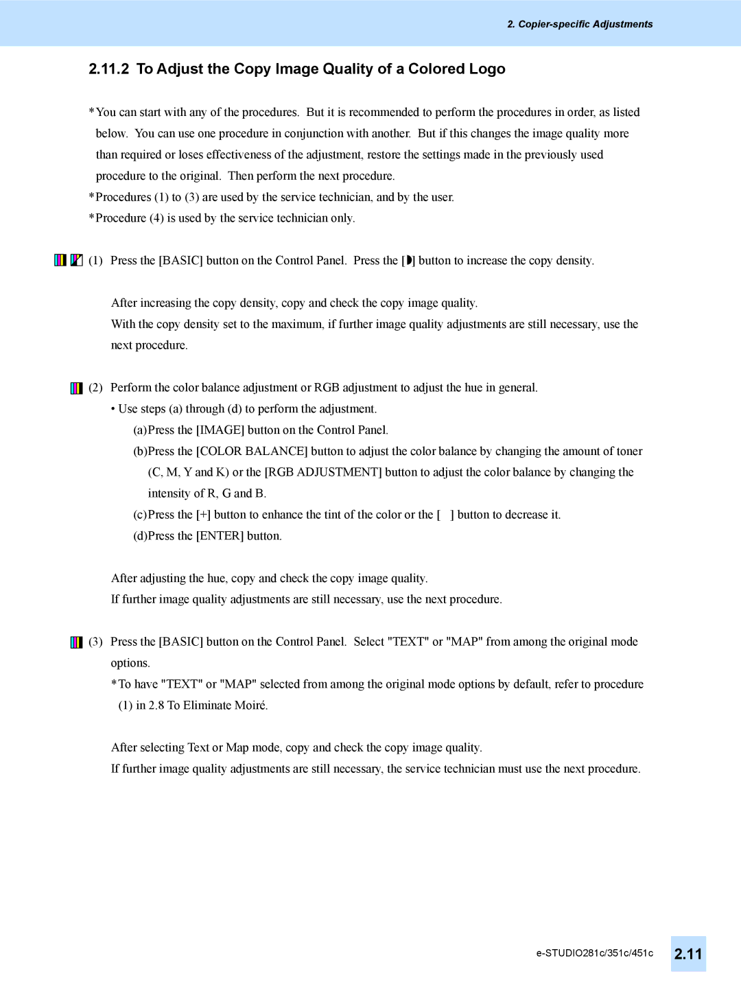 Toshiba 351C, 451C, e-STUDIO281c manual To Adjust the Copy Image Quality of a Colored Logo 