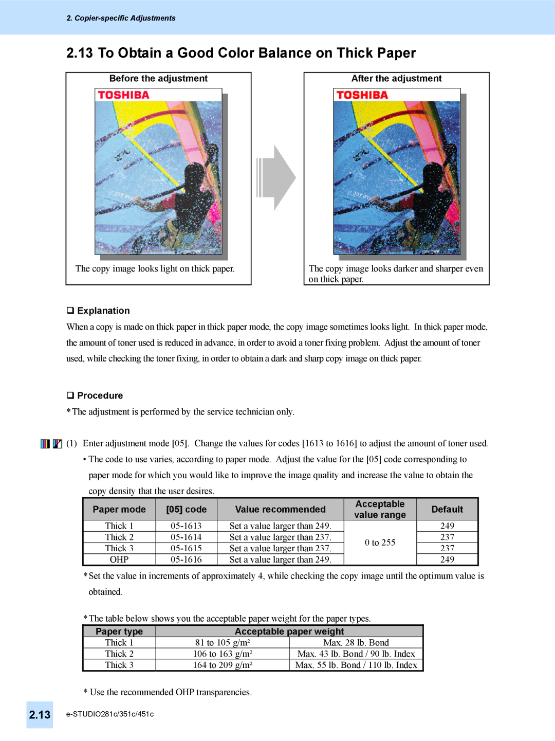 Toshiba 451C, 351C, e-STUDIO281c manual To Obtain a Good Color Balance on Thick Paper, Paper mode Code Value recommended 