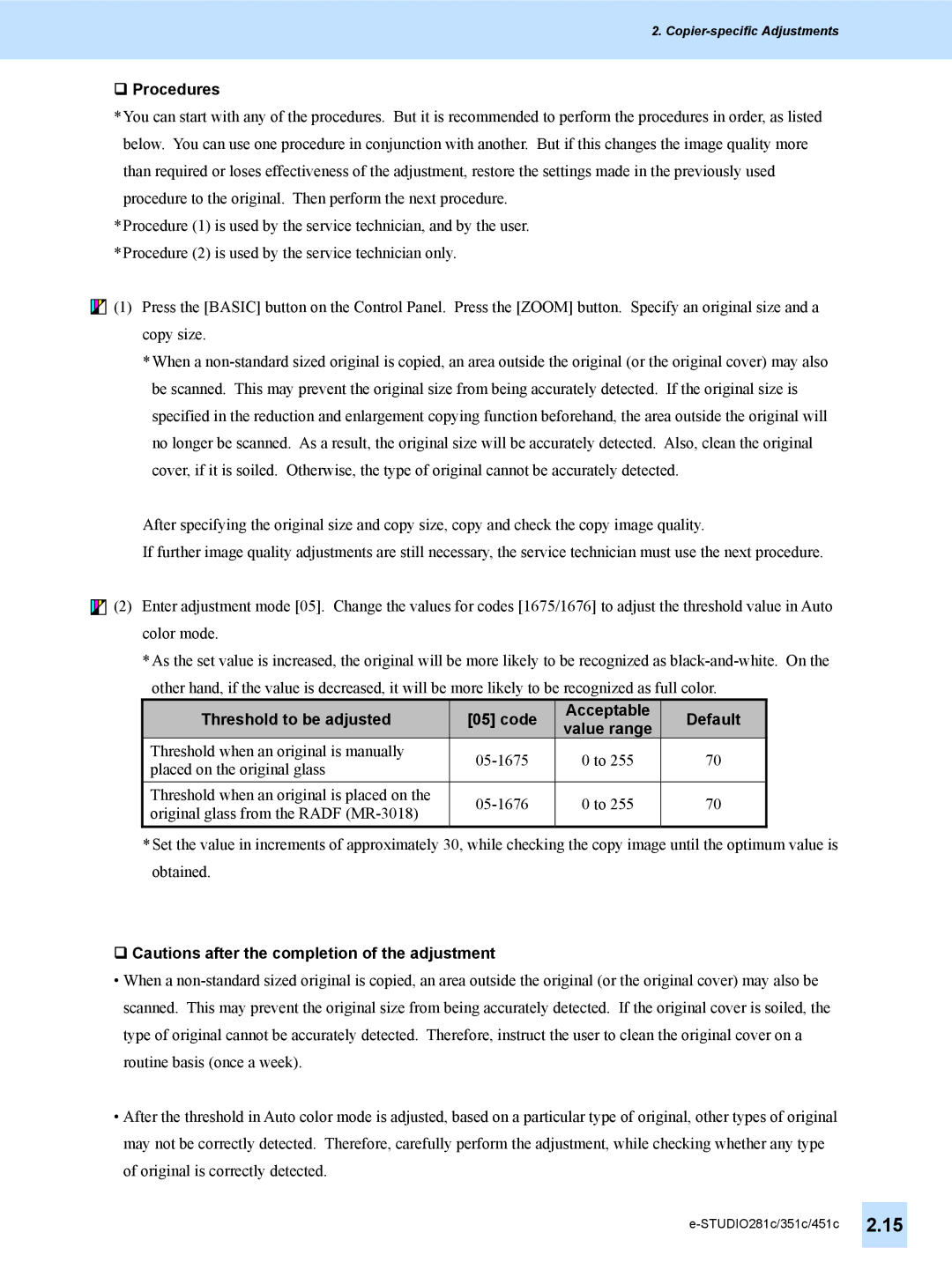 Toshiba e-STUDIO281c, 451C, 351C manual ‰ Procedures, Threshold to be adjusted Code Acceptable 