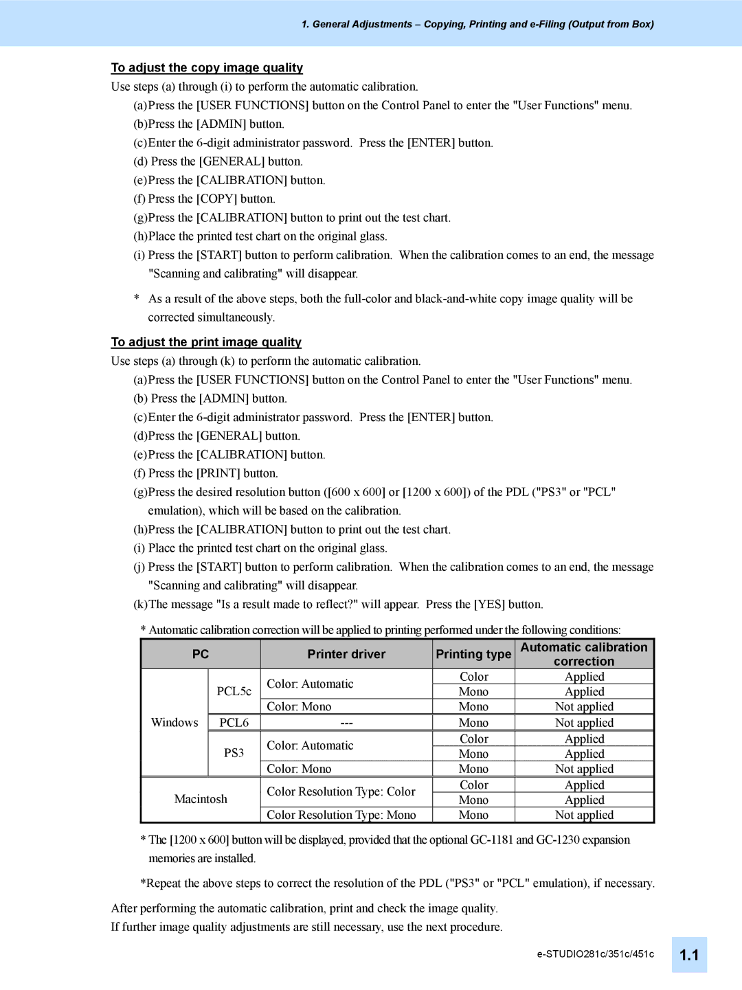 Toshiba 451C, 351C, e-STUDIO281c manual To adjust the copy image quality, To adjust the print image quality 