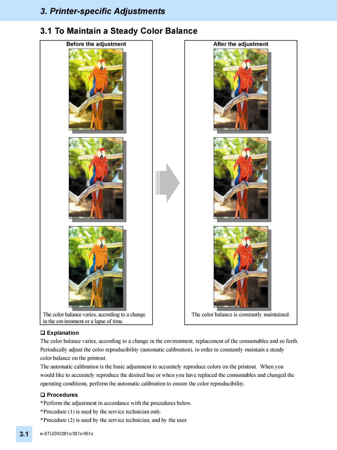Toshiba 451C, 351C, e-STUDIO281c manual Printer-specific Adjustments, To Maintain a Steady Color Balance 
