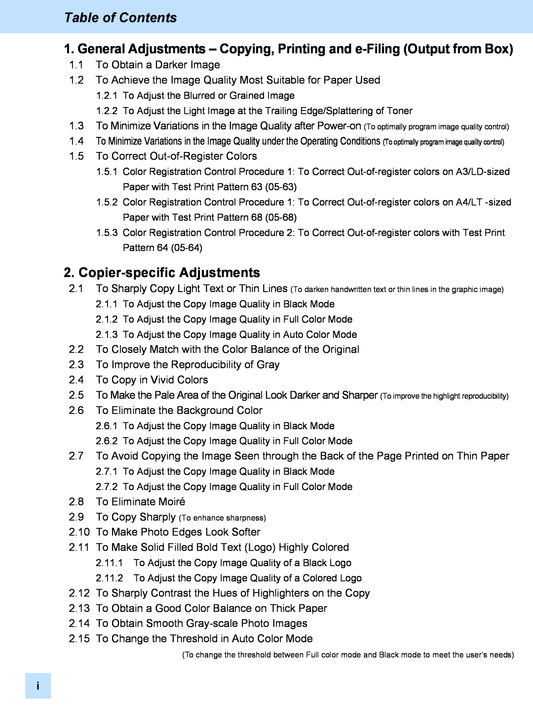 Toshiba 451C, 351C, e-STUDIO281c manual Table of Contents, Copier-specific Adjustments 