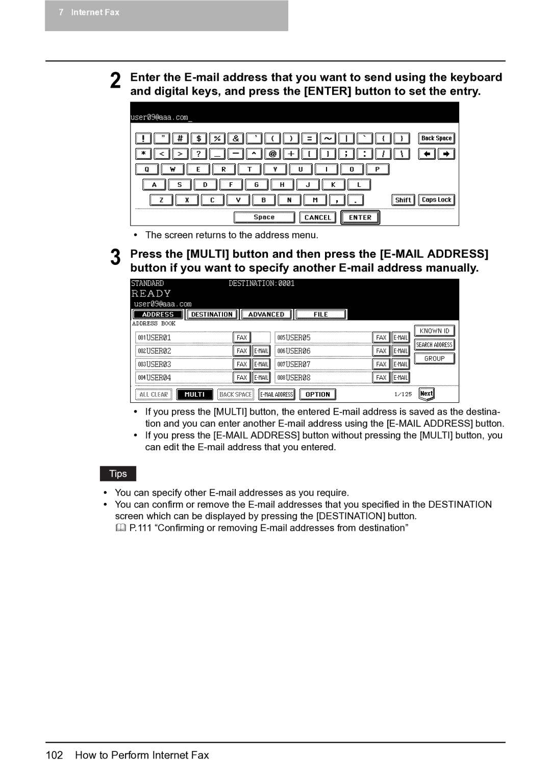 Toshiba 452, 282, 352 manual Screen returns to the address menu 