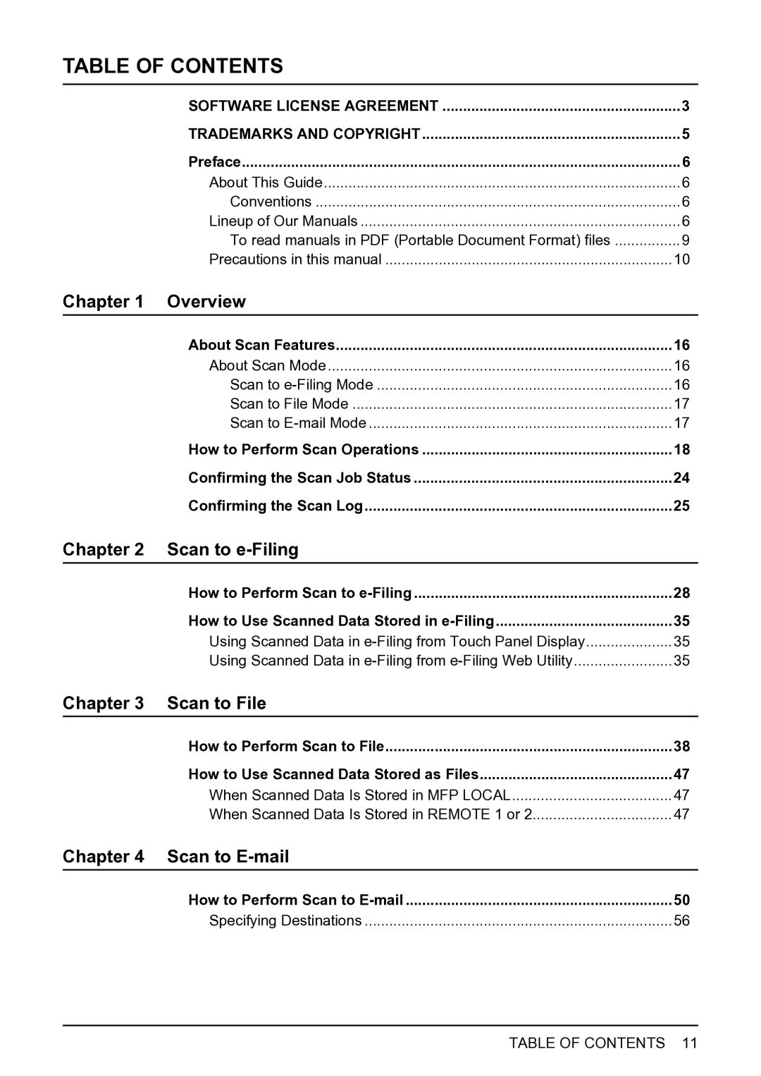 Toshiba 352, 452, 282 manual Table of Contents 