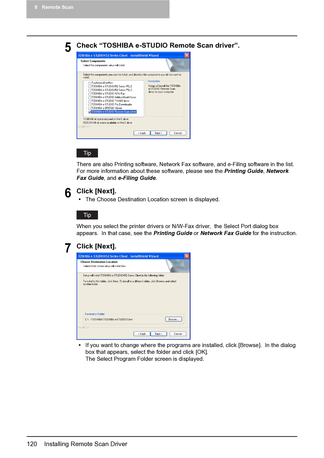 Toshiba 452, 282, 352 manual Check Toshiba e-STUDIO Remote Scan driver, Click Next 