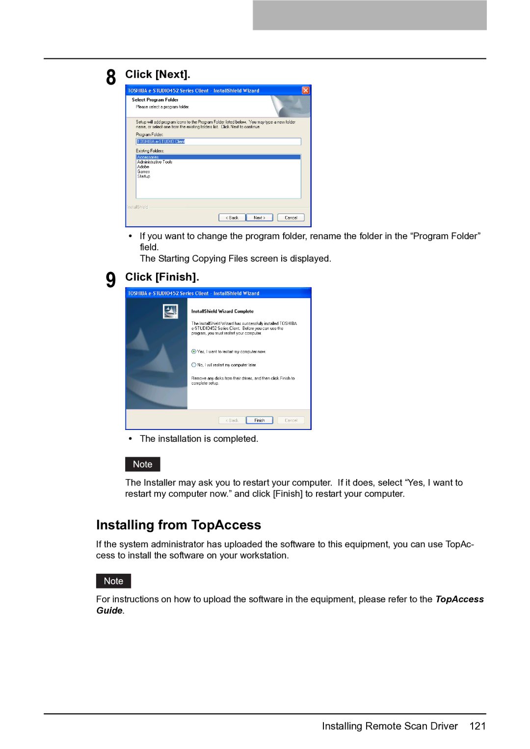 Toshiba 282, 452, 352 manual Installing from TopAccess, Click Finish 