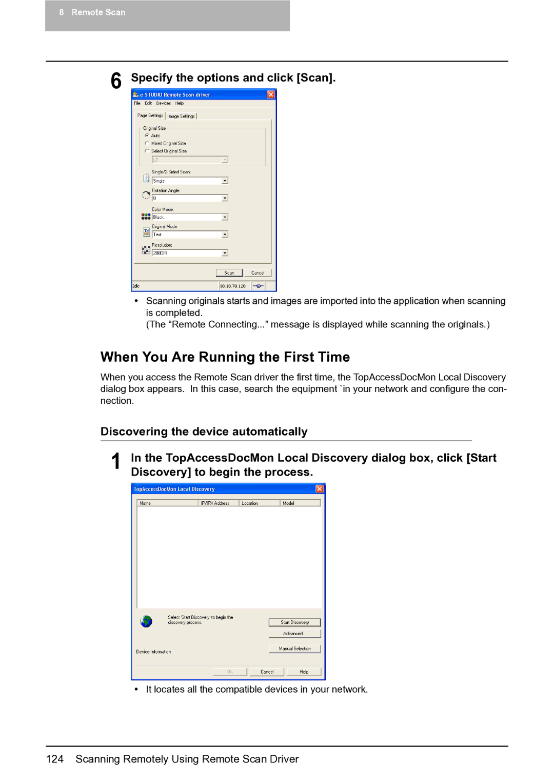 Toshiba 282, 452, 352 manual When You Are Running the First Time, Specify the options and click Scan 