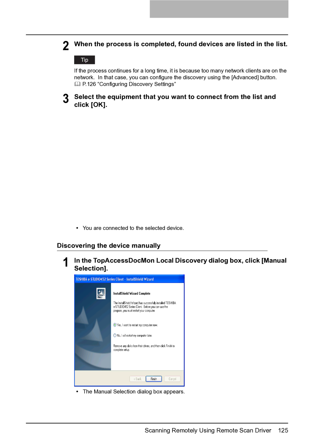 Toshiba 352, 452, 282 Discovering the device manually, Selection, TopAccessDocMon Local Discovery dialog box, click Manual 