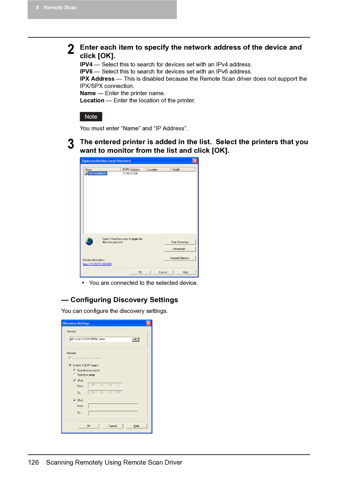 Toshiba 452, 282, 352 manual Click OK, Want to monitor from the list and click OK, Configuring Discovery Settings 