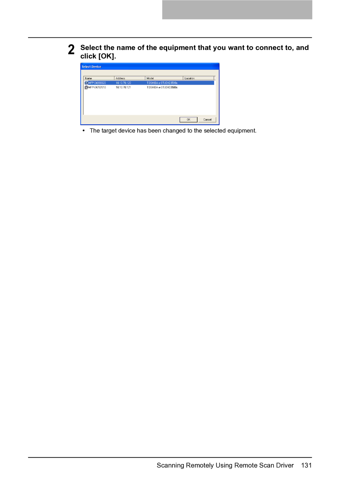 Toshiba 352, 452, 282 manual Target device has been changed to the selected equipment 