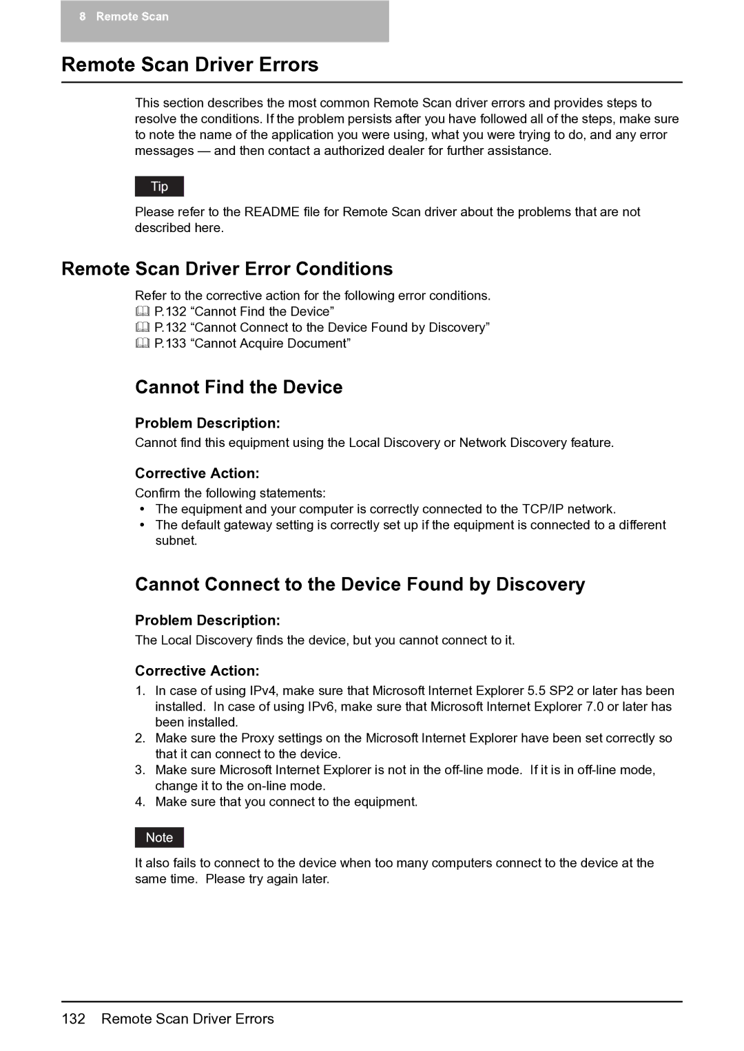 Toshiba 452, 282, 352 manual Remote Scan Driver Errors, Remote Scan Driver Error Conditions, Cannot Find the Device 