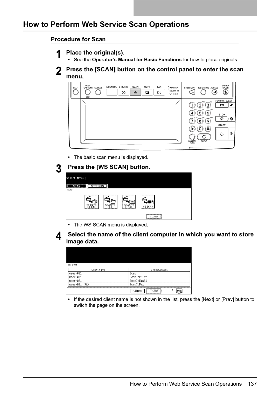 Toshiba 352 How to Perform Web Service Scan Operations, Procedure for Scan Place the originals, Press the WS Scan button 