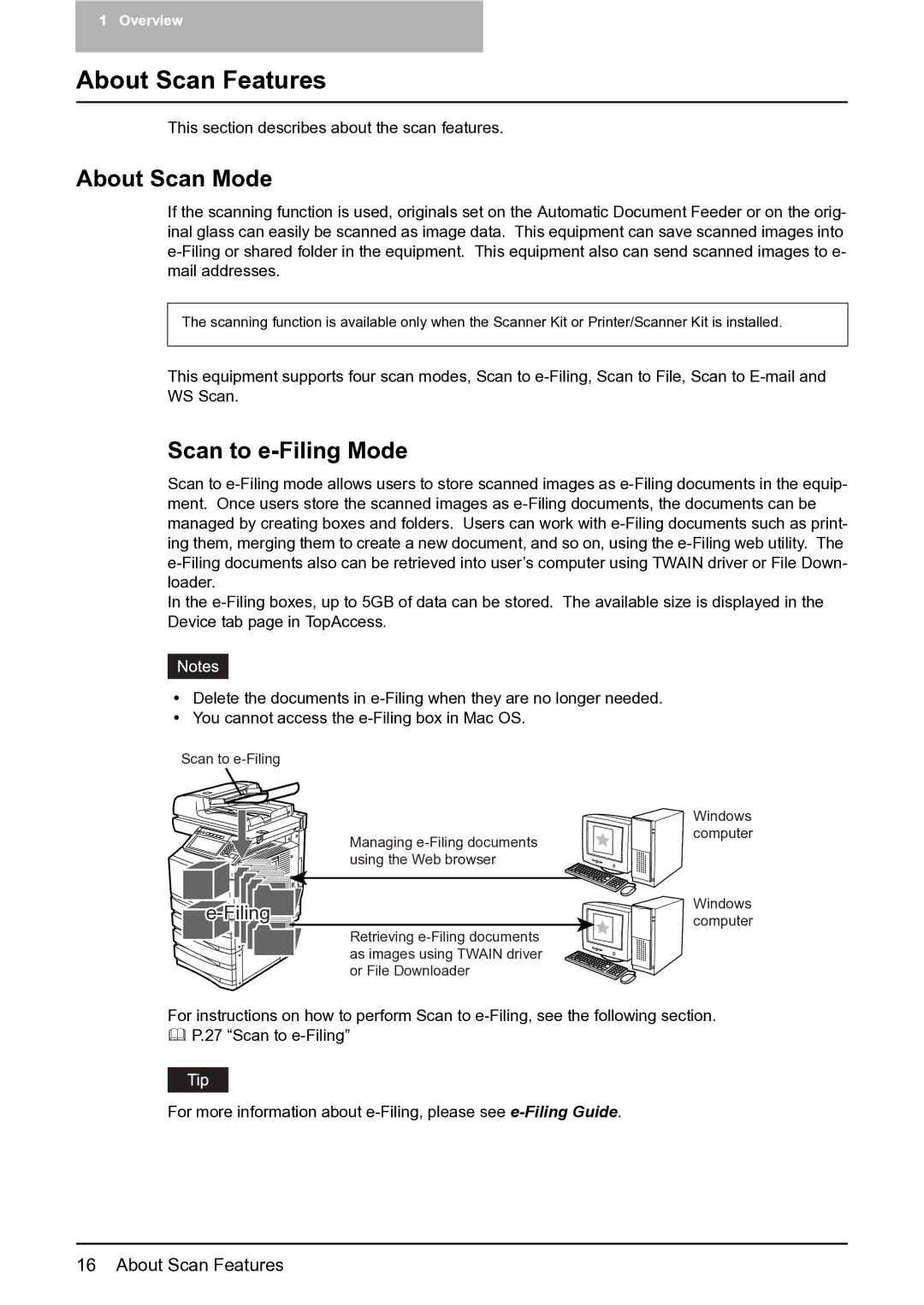 Toshiba 282, 452, 352 manual About Scan Features, About Scan Mode, Scan to e-Filing Mode 