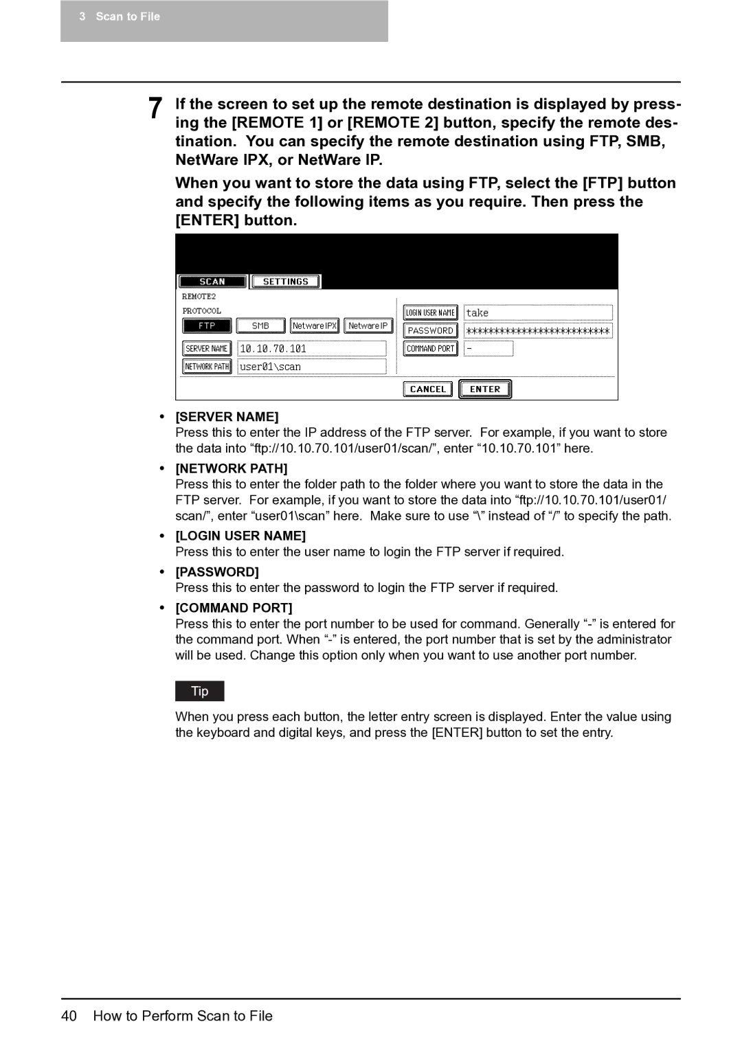 Toshiba 282, 452, 352 manual Server Name, Network Path, Login User Name, Password, Command Port 