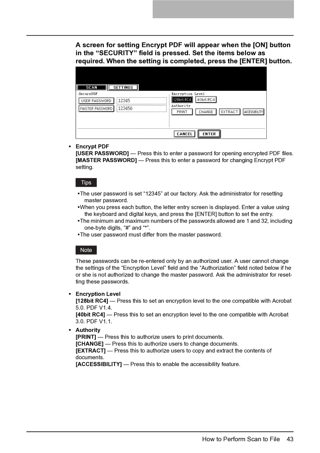 Toshiba 282, 452, 352 manual Encryption Level, Authority 