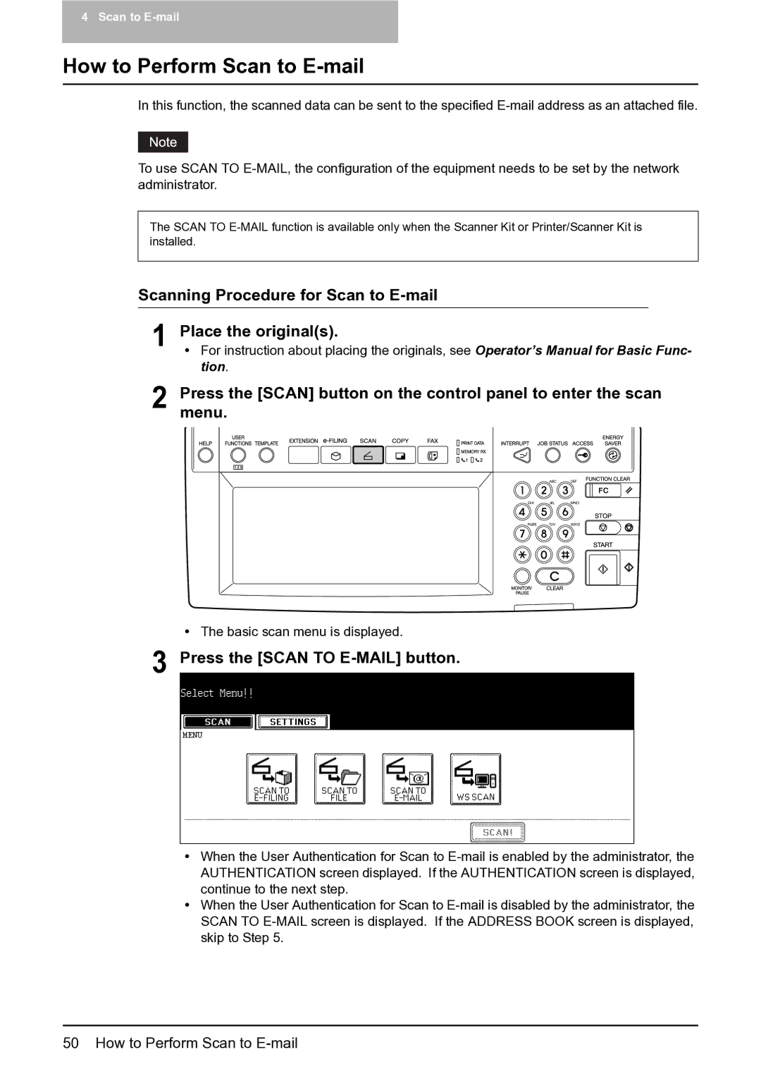 Toshiba 352, 452, 282 manual How to Perform Scan to E-mail, Scanning Procedure for Scan to E-mail Place the originals 