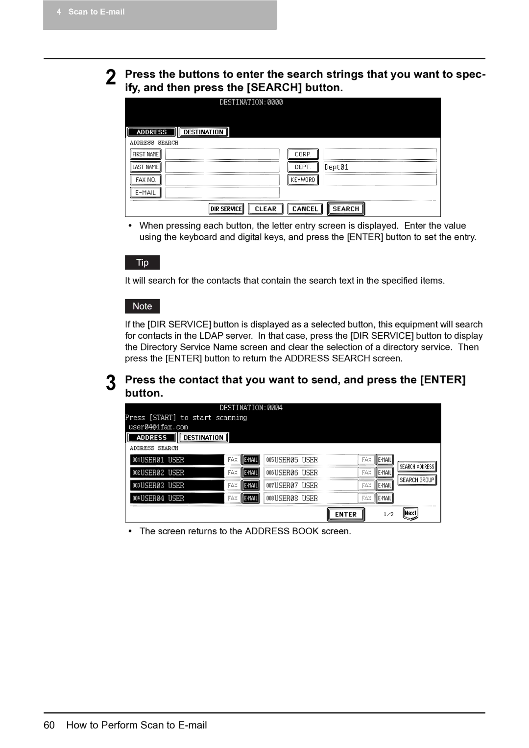 Toshiba 452, 282, 352 manual Screen returns to the Address Book screen 