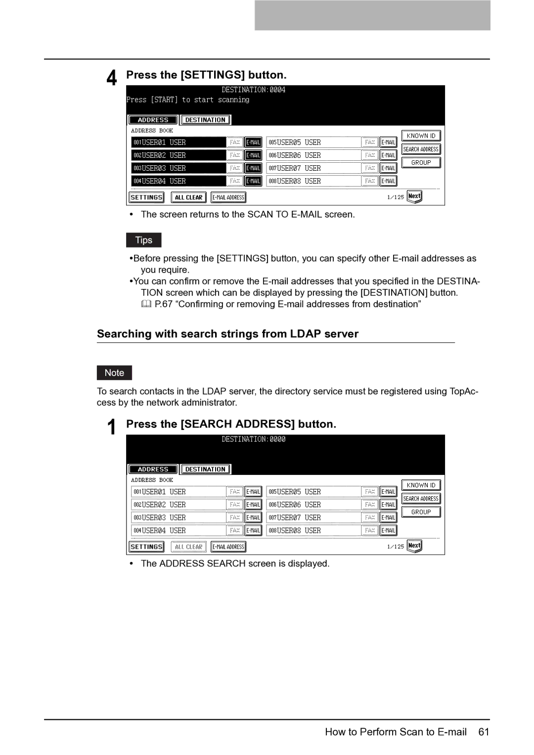 Toshiba 282, 452, 352 manual Press the Settings button, Searching with search strings from Ldap server 