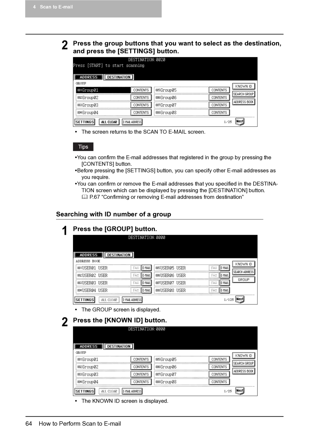 Toshiba 282, 452, 352 manual Searching with ID number of a group Press the Group button, Press the Known ID button 