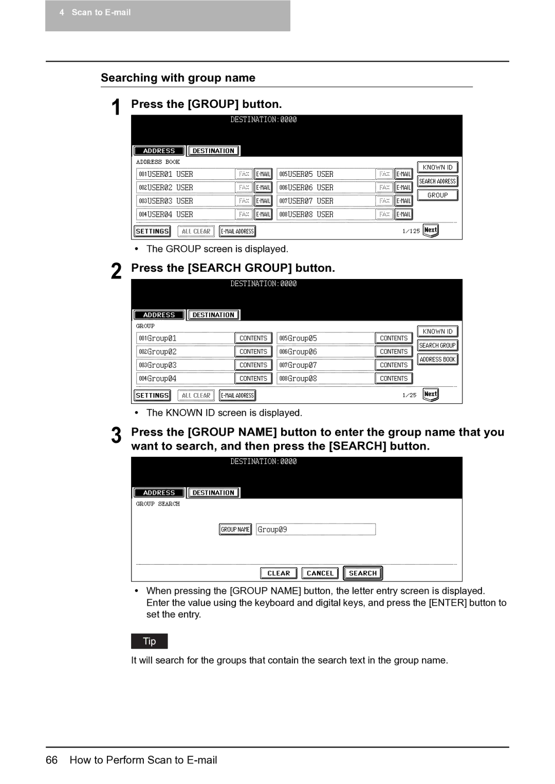 Toshiba 452, 282, 352 manual Searching with group name Press the Group button, Press the Search Group button 