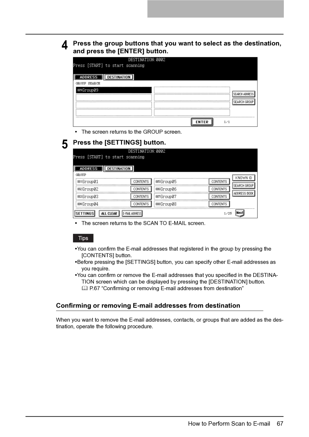 Toshiba 282, 452, 352 manual Press the Settings button, Confirming or removing E-mail addresses from destination 