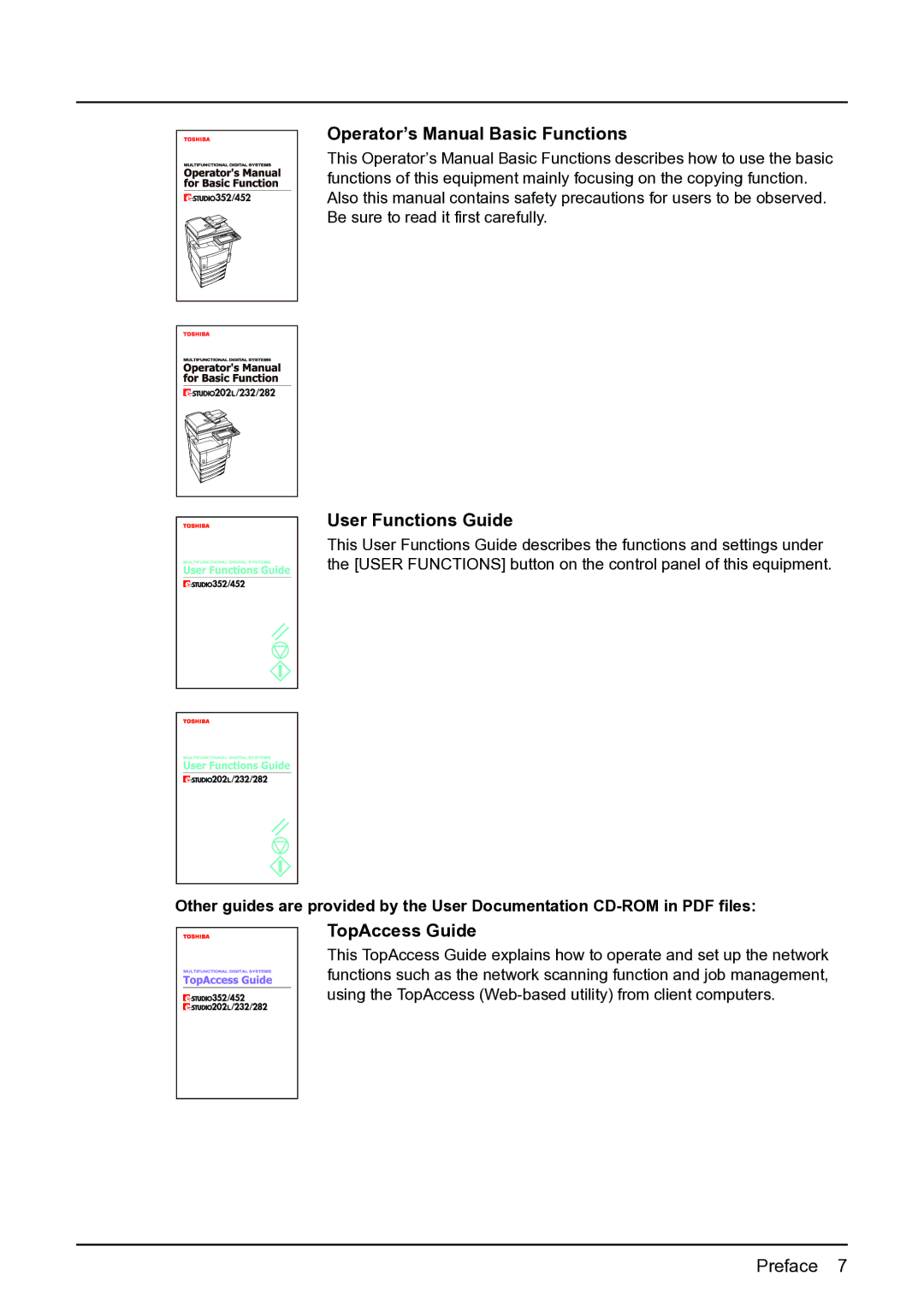 Toshiba 282, 452, 352 manual Operator’s Manual Basic Functions, User Functions Guide, TopAccess Guide 