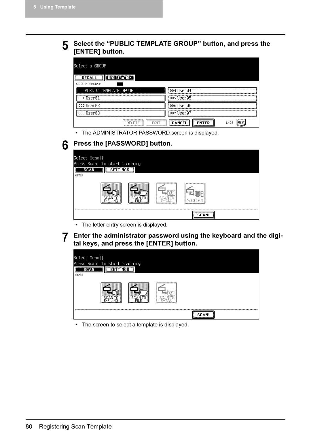 Toshiba 352, 452, 282 manual Press the Password button 