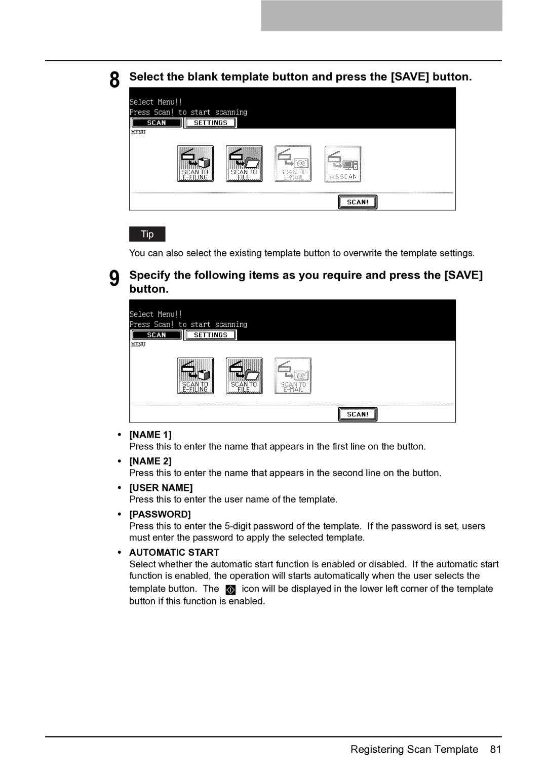 Toshiba 452, 282, 352 manual Select the blank template button and press the Save button, User Name, Automatic Start 