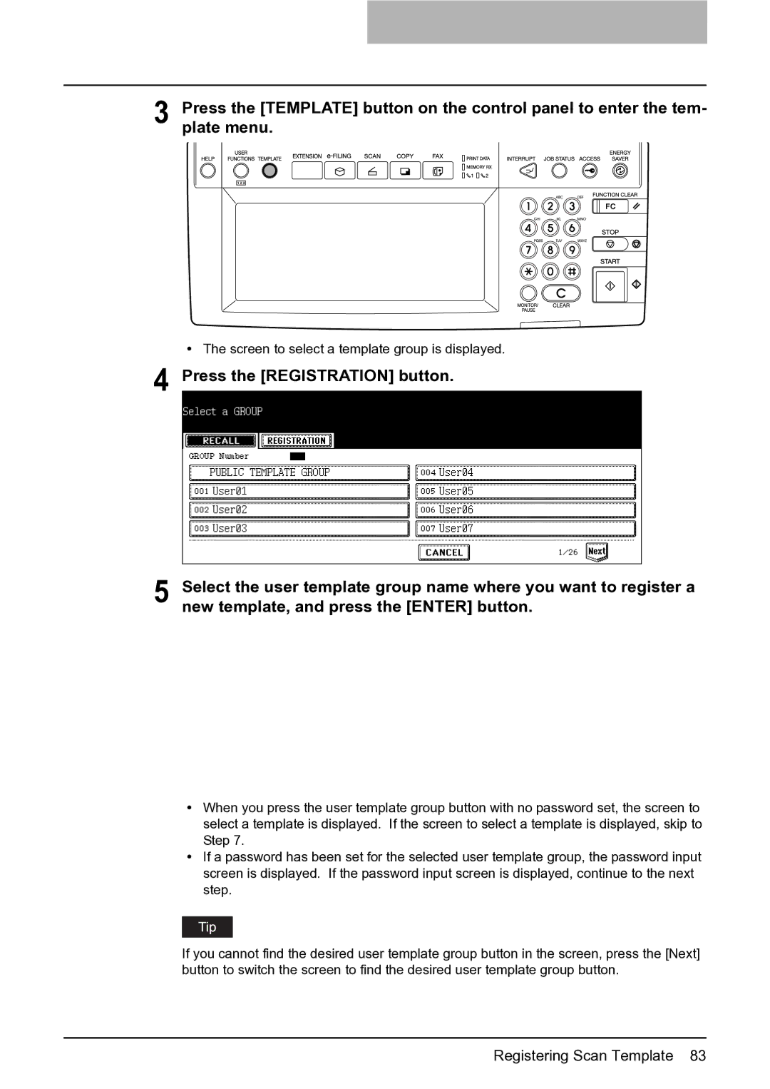 Toshiba 352, 452, 282 manual Screen to select a template group is displayed 