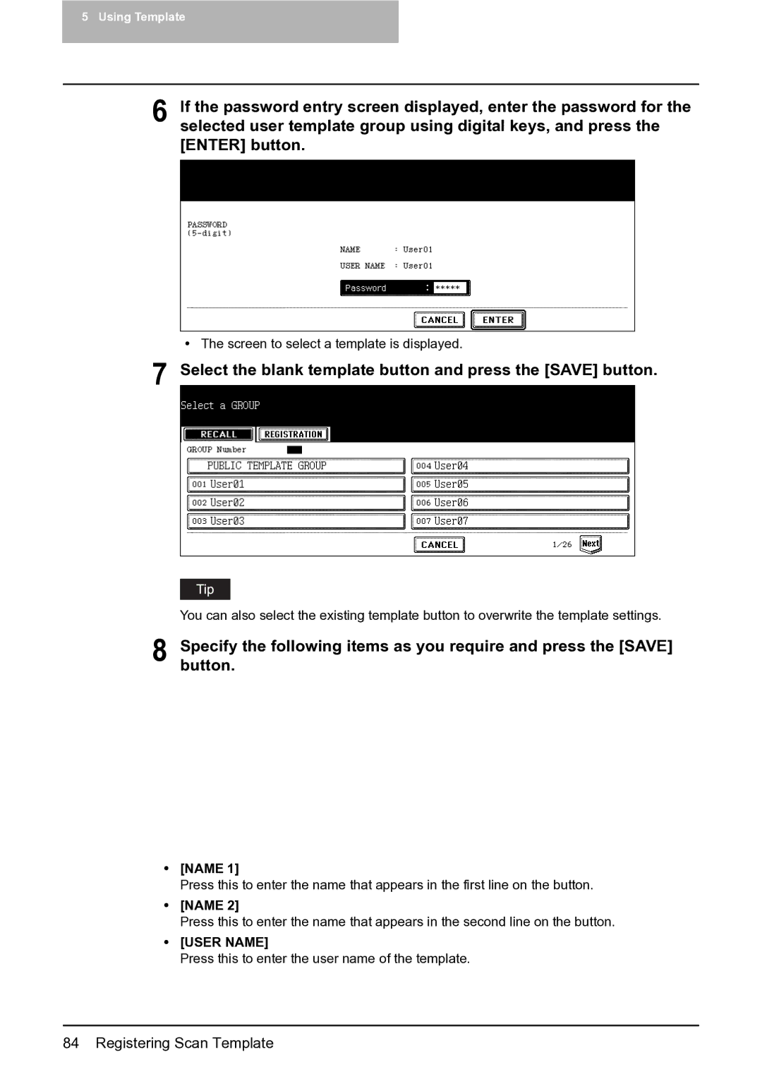 Toshiba 452, 282, 352 manual Select the blank template button and press the Save button 