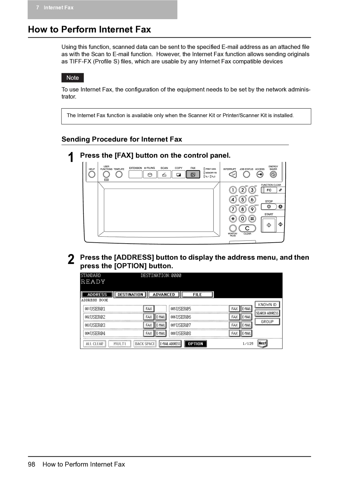 Toshiba 352, 452, 282 manual How to Perform Internet Fax, Press the Option button 