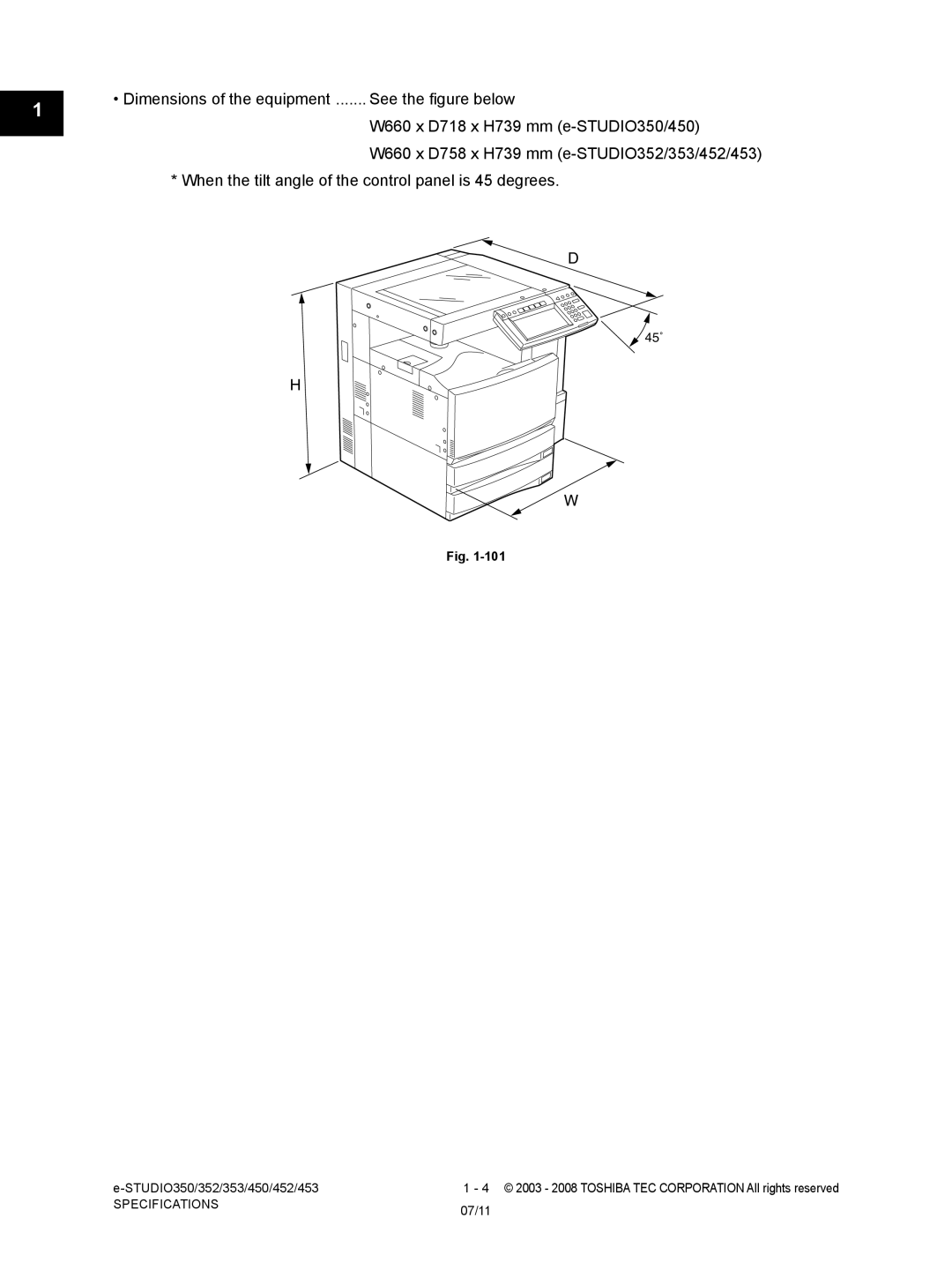 Toshiba 452, 453, 350, 353 service manual Specifications 