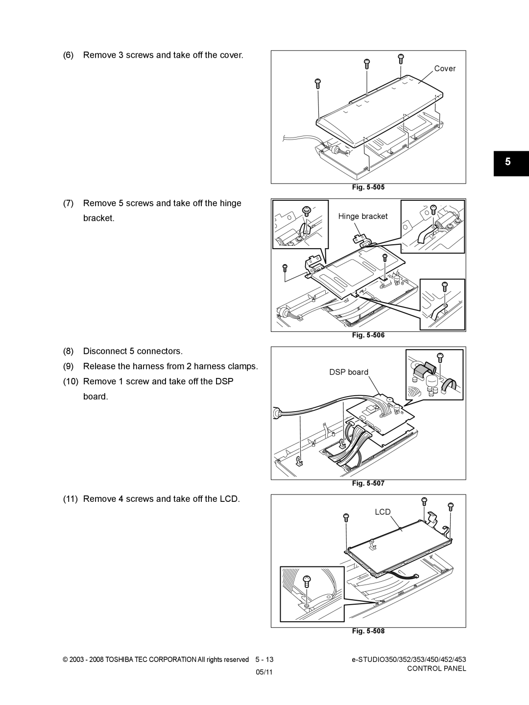 Toshiba 453, 452, 350, 353 service manual DSP board, Hinge bracket 