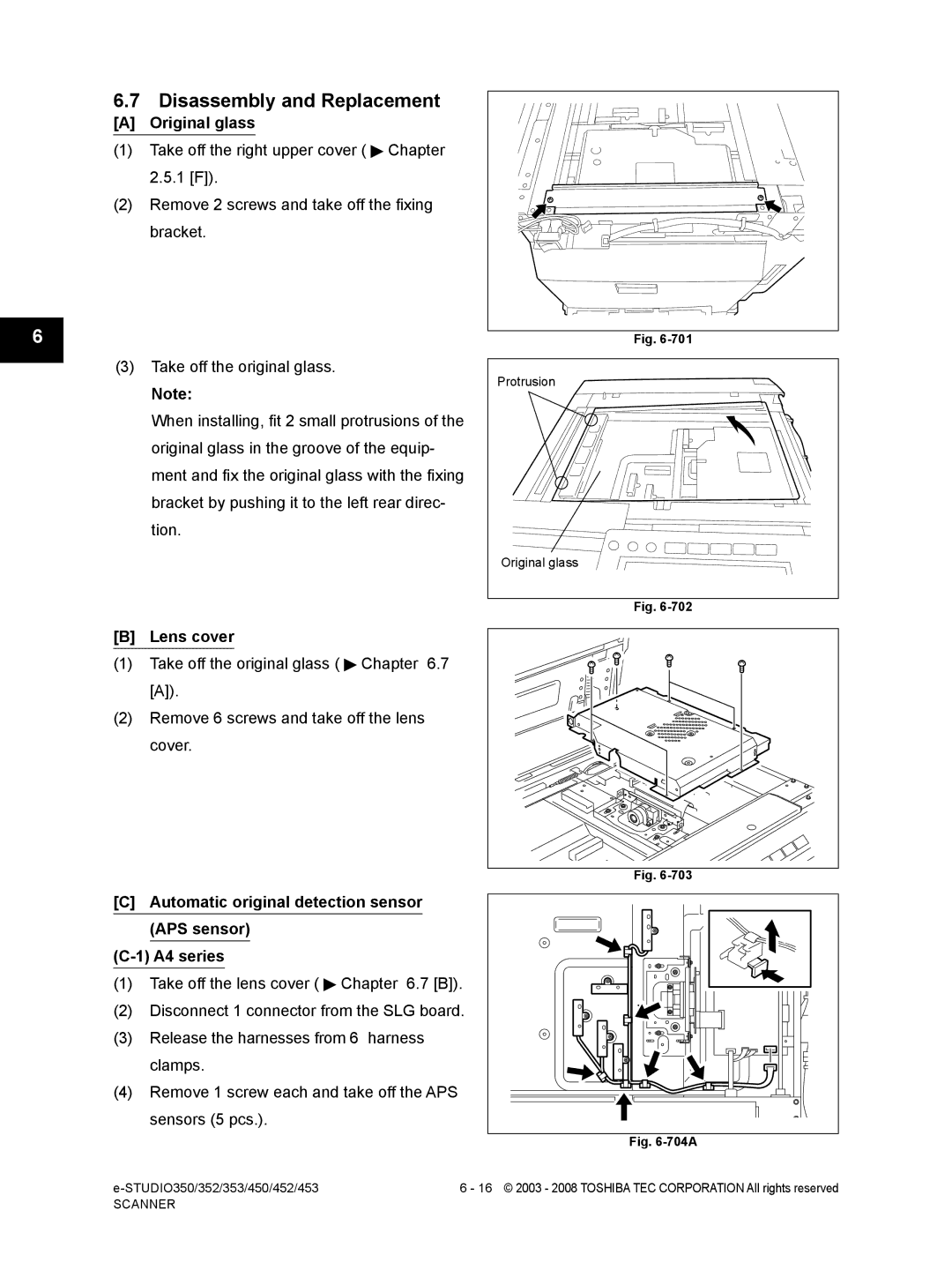 Toshiba 350, 452, 453, 353 Original glass, Lens cover, Automatic original detection sensor APS sensor A4 series, Protrusion 