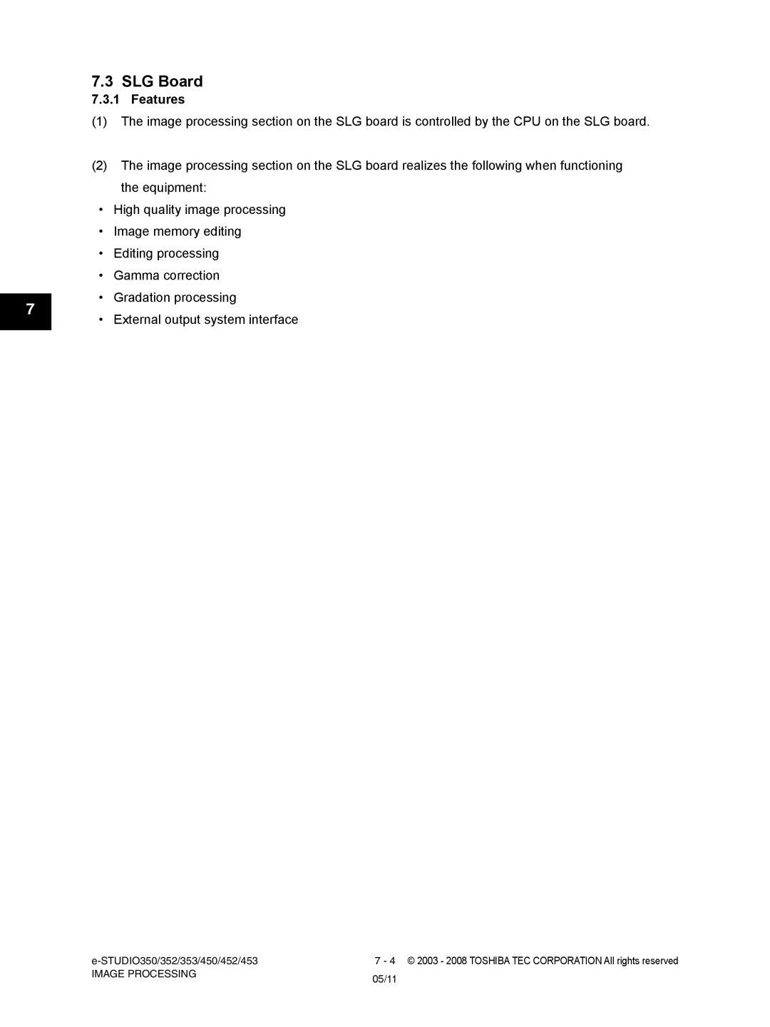 Toshiba 350, 452, 453, 353 service manual SLG Board, Features 