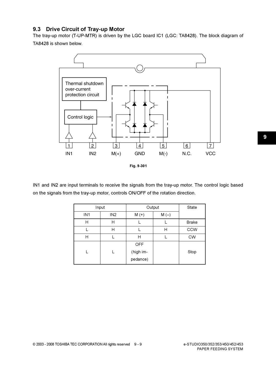 Toshiba 353, 452, 453, 350 service manual Drive Circuit of Tray-up Motor, IN1 IN2 