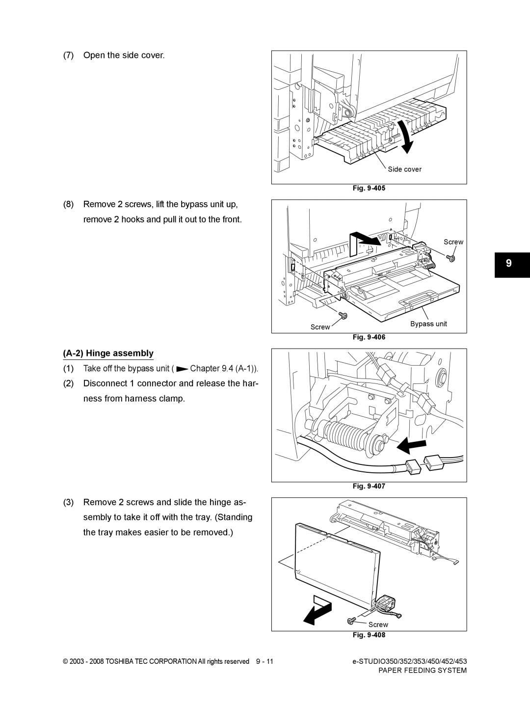 Toshiba 453, 452, 350, 353 service manual Open the side cover, Hinge assembly 