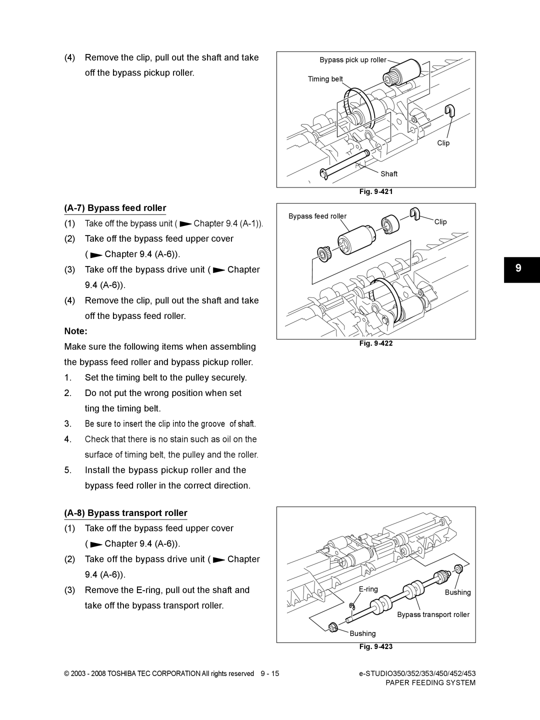 Toshiba 453, 452, 350, 353 service manual Bypass feed roller, Bypass transport roller 