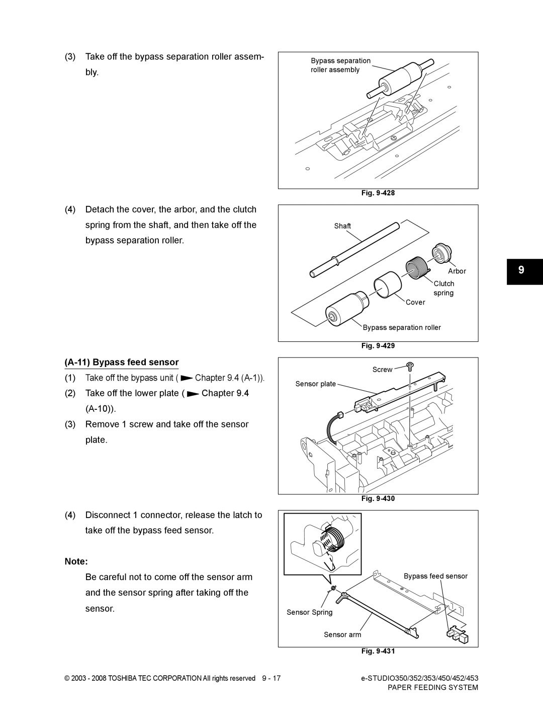 Toshiba 353, 452, 453, 350 service manual Bypass feed sensor, Sensor plate 