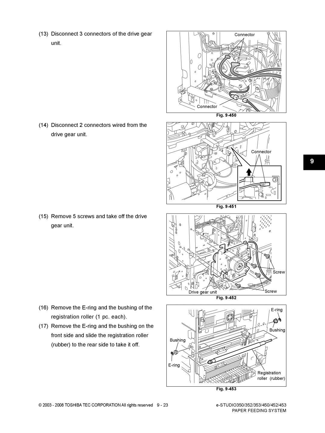 Toshiba 453, 452, 350, 353 service manual Drive gear unit Screw Ring Bushing Registration Roller 