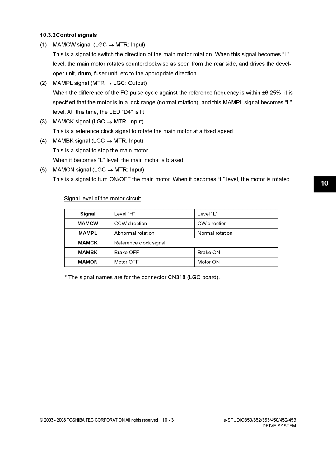 Toshiba 353, 452, 453, 350 service manual 10.3.2Control signals, Signal names are for the connector CN318 LGC board 