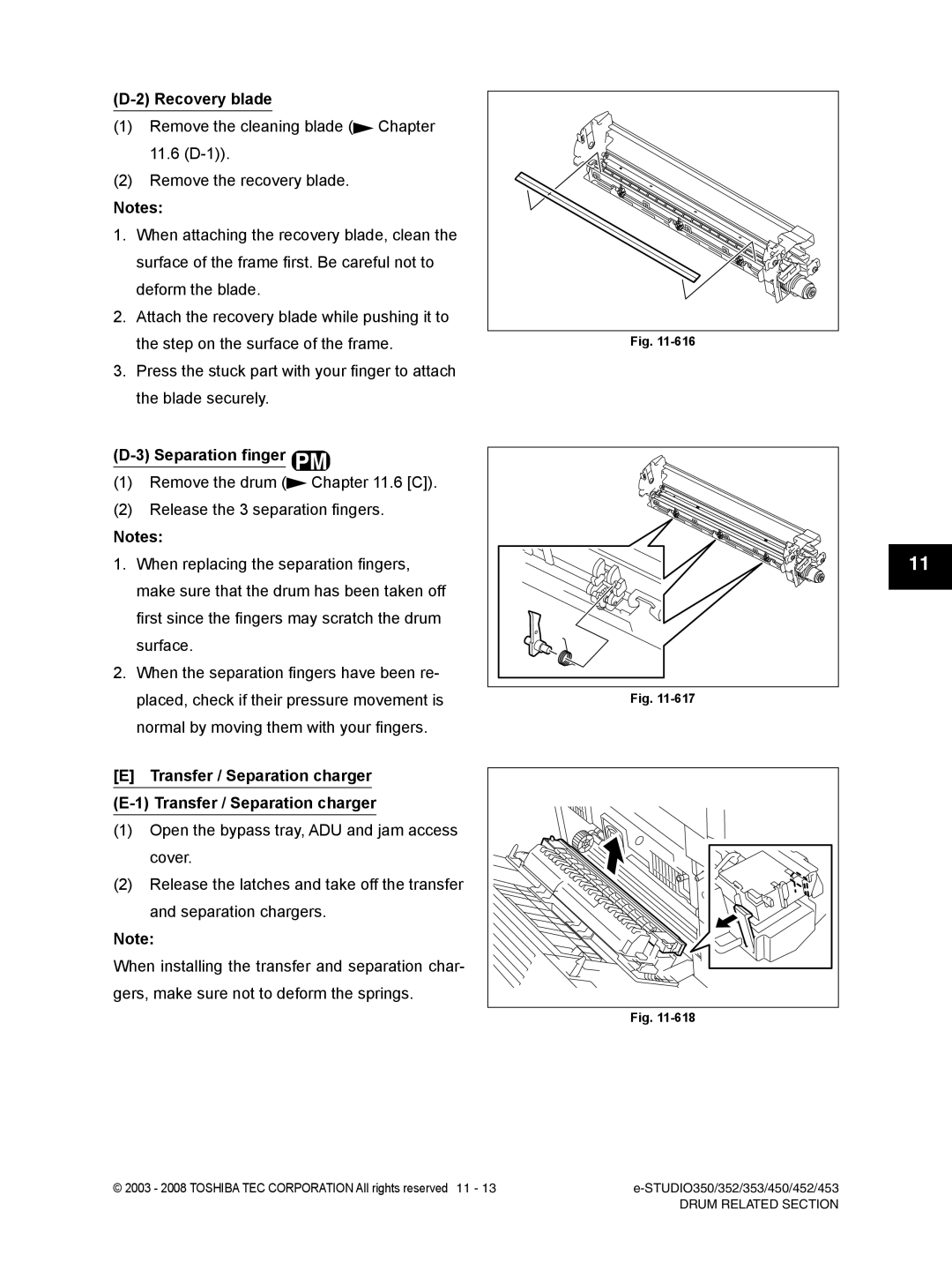 Toshiba 353, 452, 453, 350 service manual Recovery blade, Separation finger 