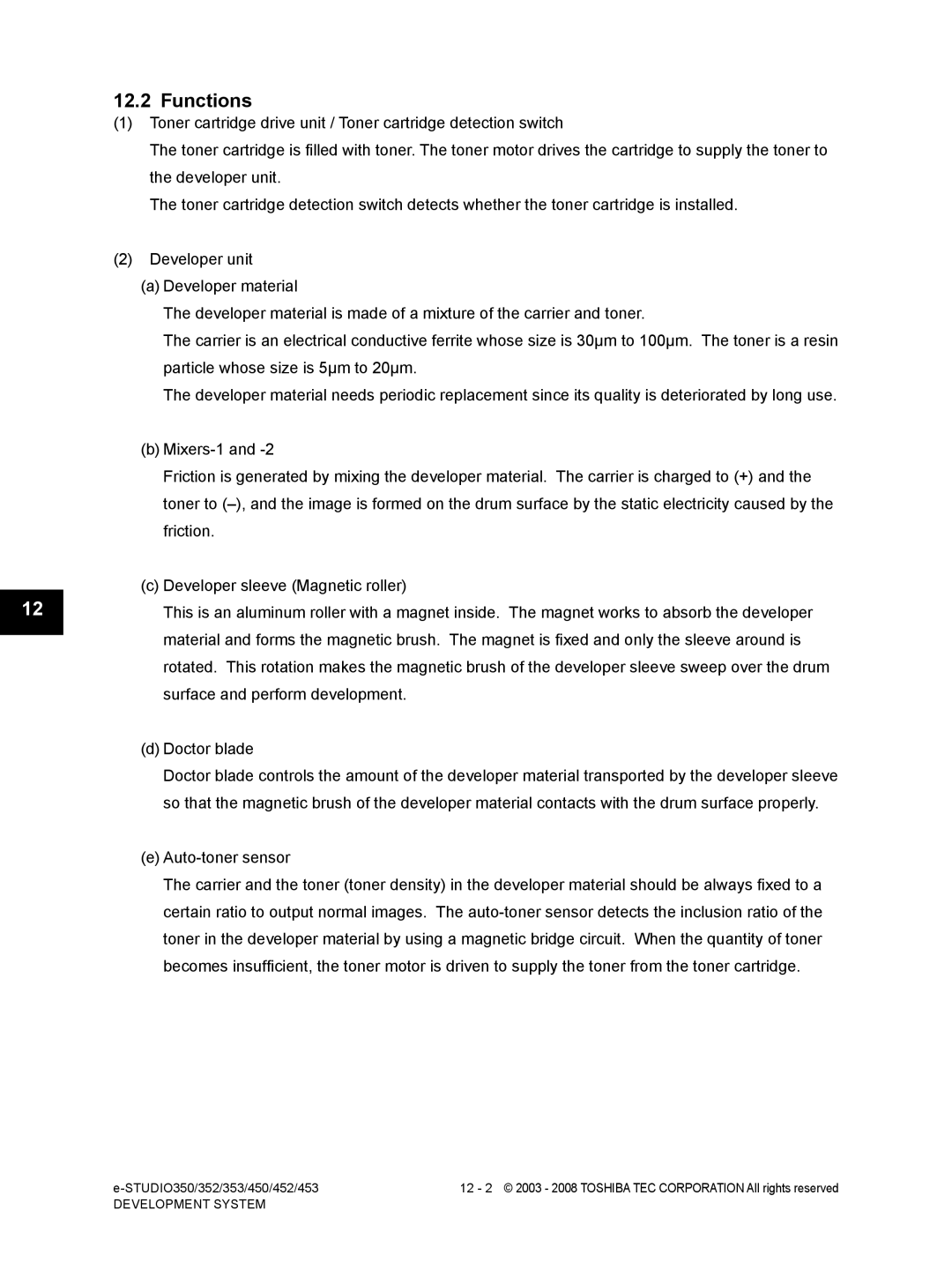 Toshiba 452, 453, 350, 353 service manual Functions 